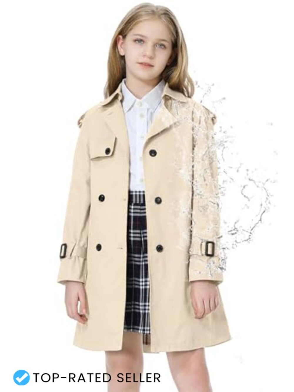 Girls Trench Coat Double Breasted Water Resistant Windbreaker Jacket